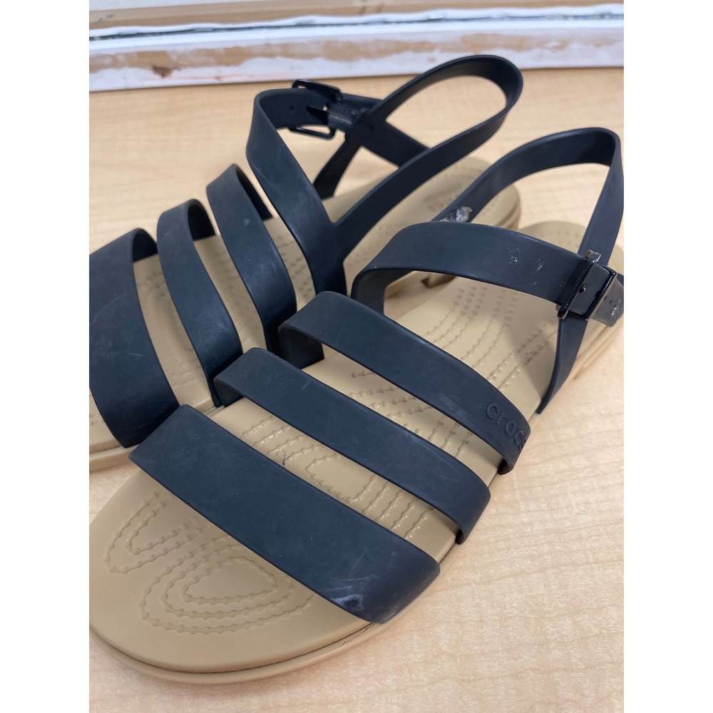 Crocs Tulum Strappy Sandal Black Tan Womens 9 Adjustable Ankle Strap 206107